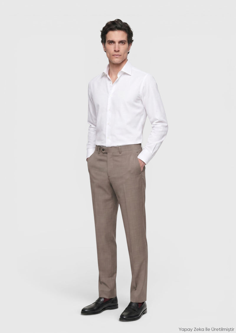 Açık Kahve Düz Dokuma Regular Fit Klasik %100 Yün Pantolon