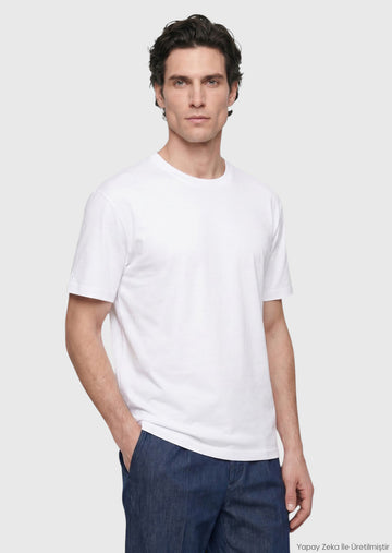 Beyaz Düz Bisiklet Yaka %100 Pamuk T-Shirt