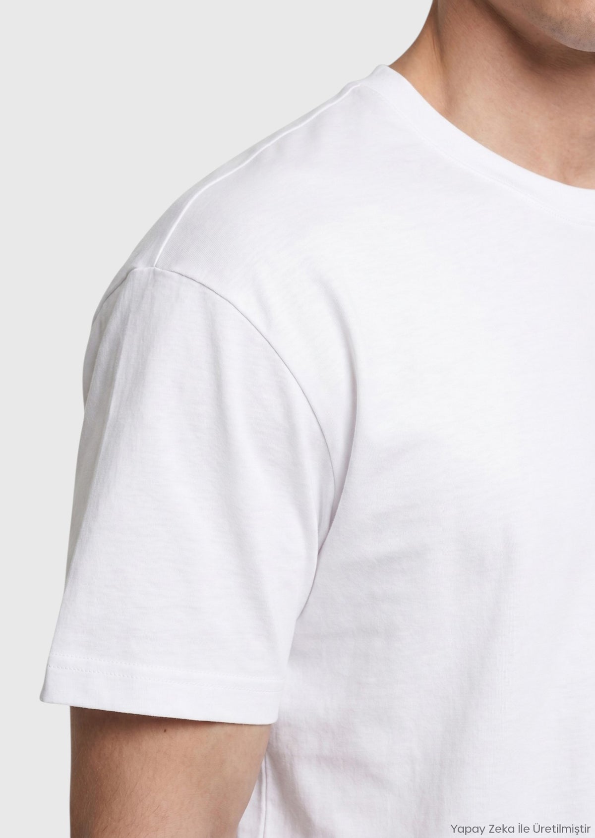 Beyaz Düz Bisiklet Yaka %100 Pamuk T-Shirt