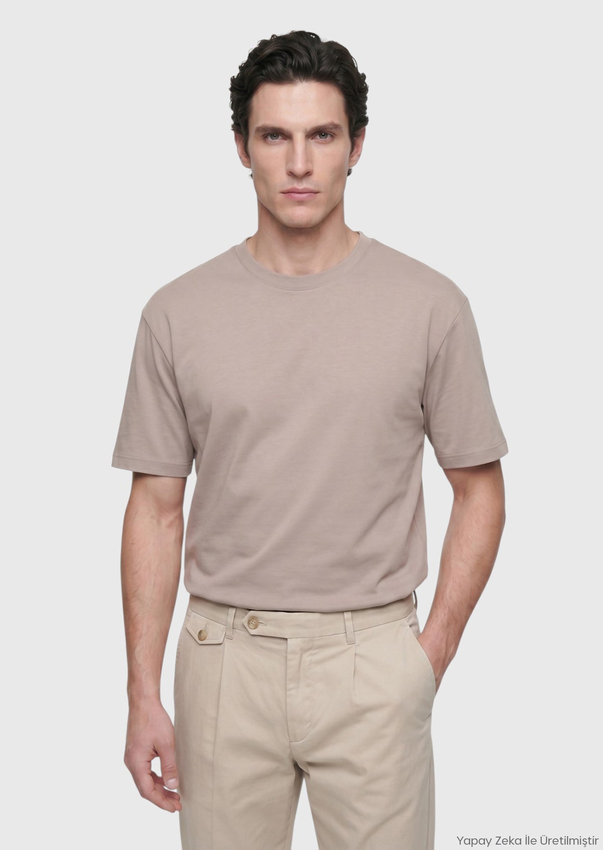 Bej Düz Bisiklet Yaka %100 Pamuk T-Shirt