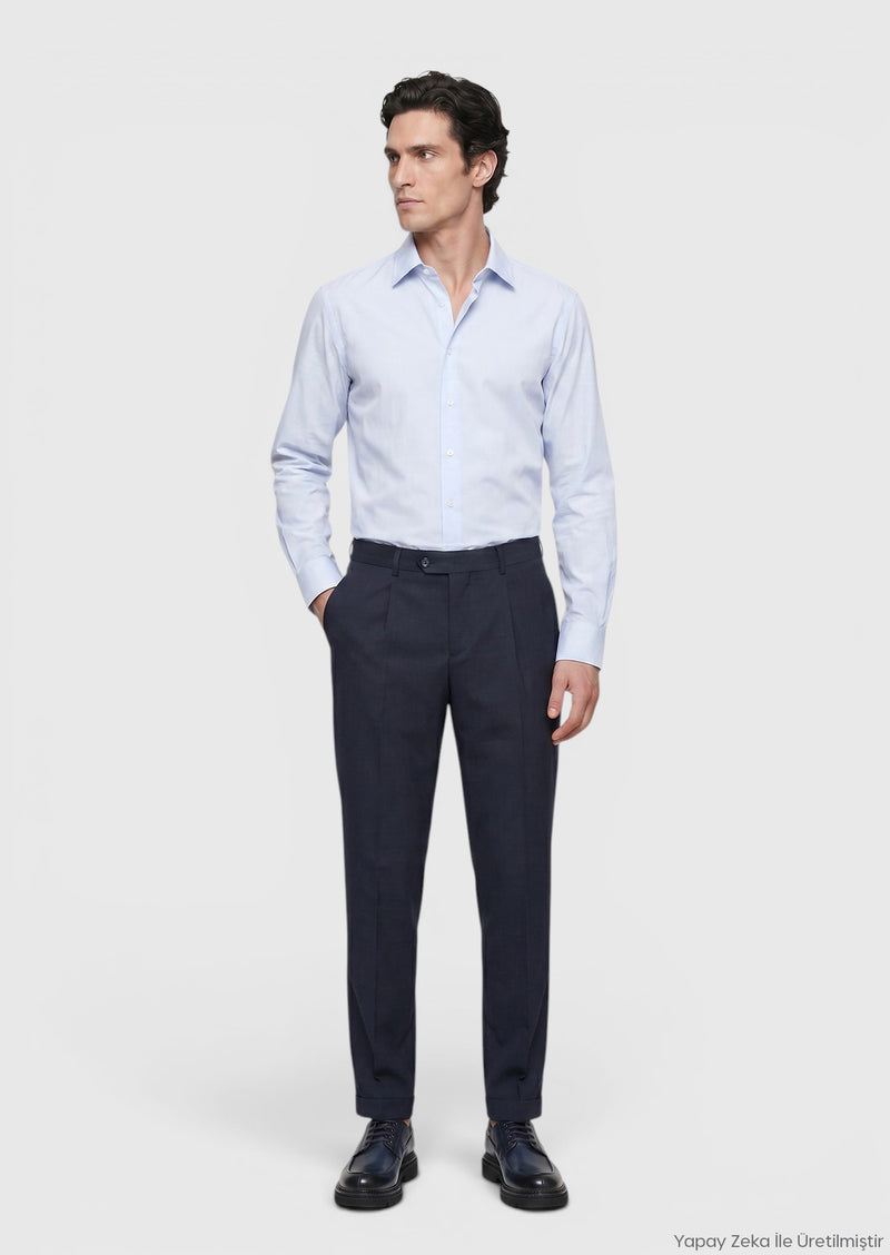 Lacivert Düz Dokuma Regular Fit Casual %100 Yün Pantolon