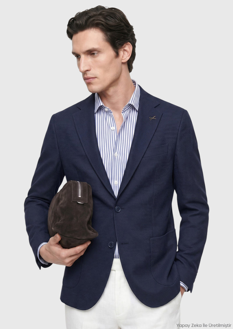 Lacivert Shirt Shoulder Slim Fit Yün Karışımlı Örme Ceket