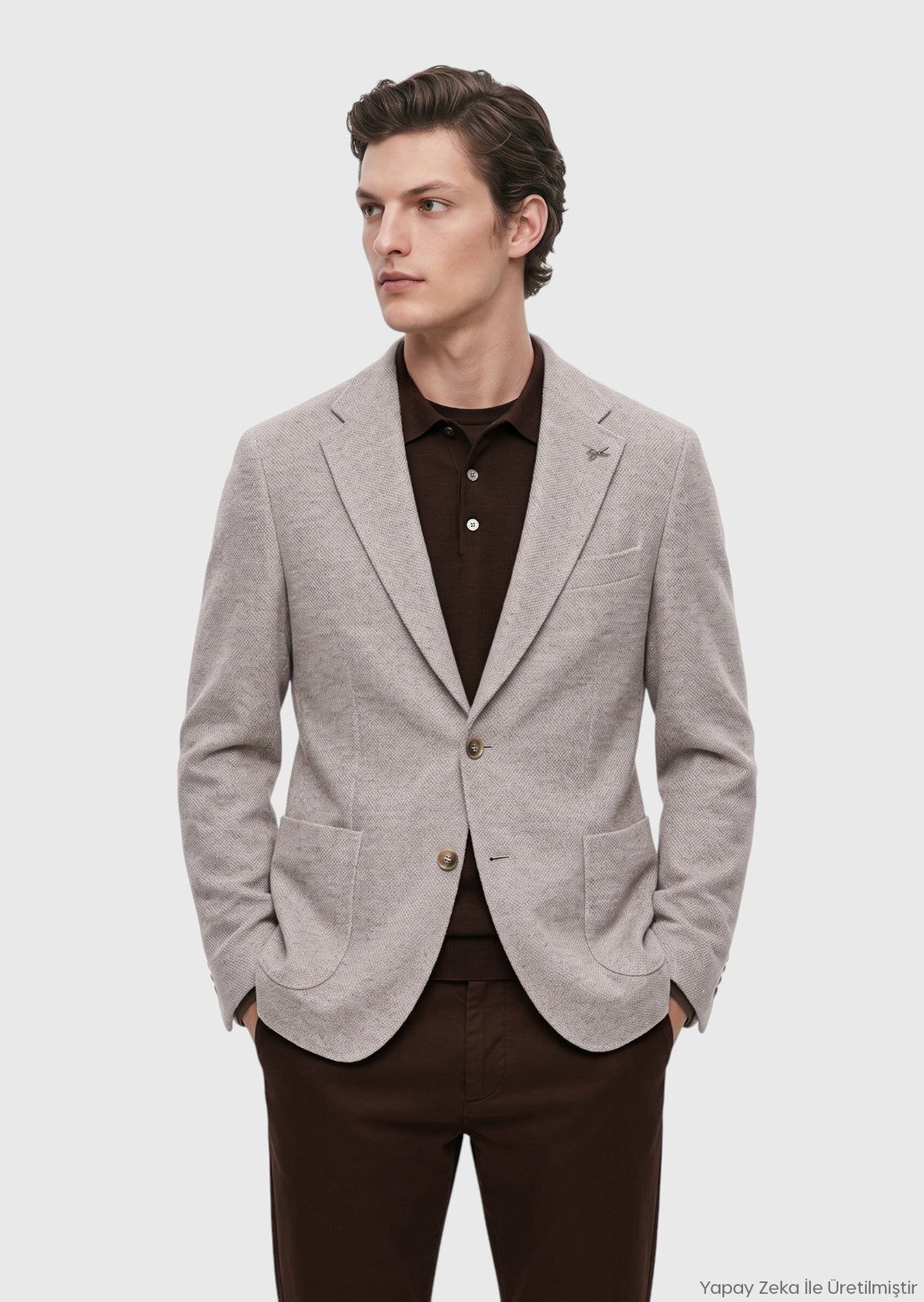 Koyu Bej Düz Shirt Shoulder Slim Fit Yün Karışımlı Örme Ceket