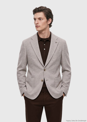Koyu Bej Düz Shirt Shoulder Slim Fit Yün Karışımlı Örme Ceket