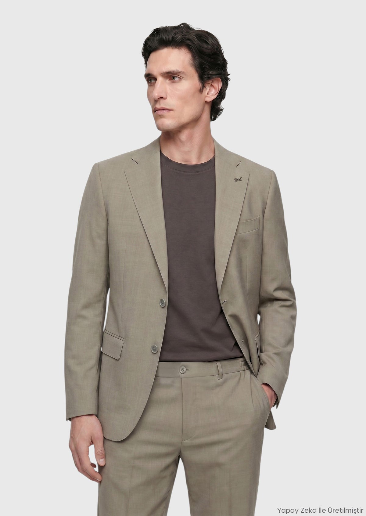 Haki Düz Zeroweight Slim Fit Yün Karışımlı Takım Elbise