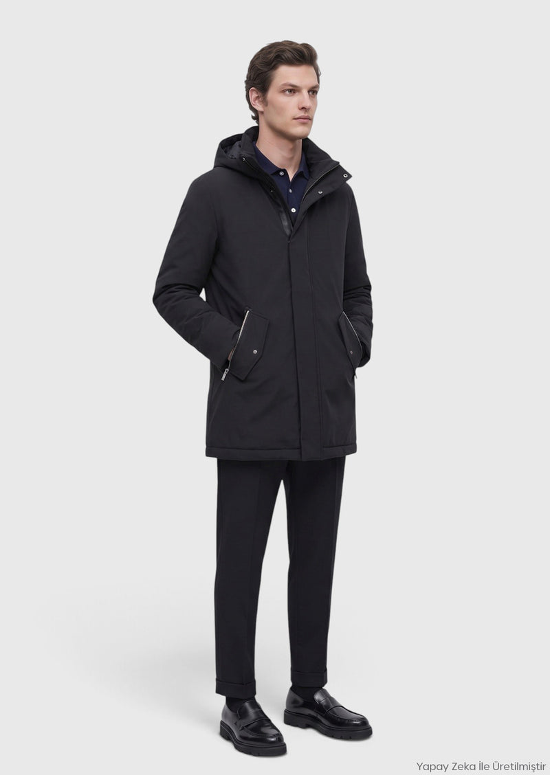 Siyah Regular Fit Kapüşonlu Casual Teknik Kaban