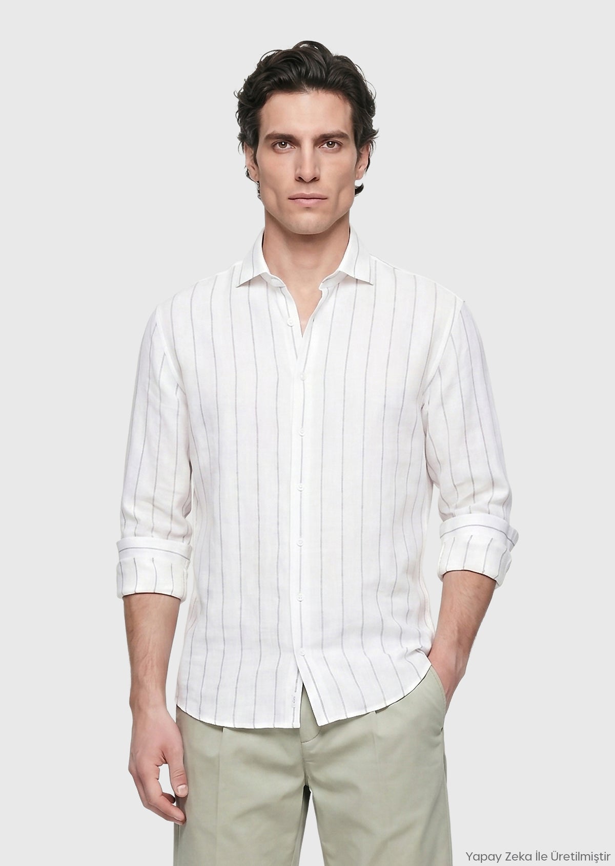 Açık Gri Düz Casual Fit Uzun Dokuma Casual %100 Keten Gömlek