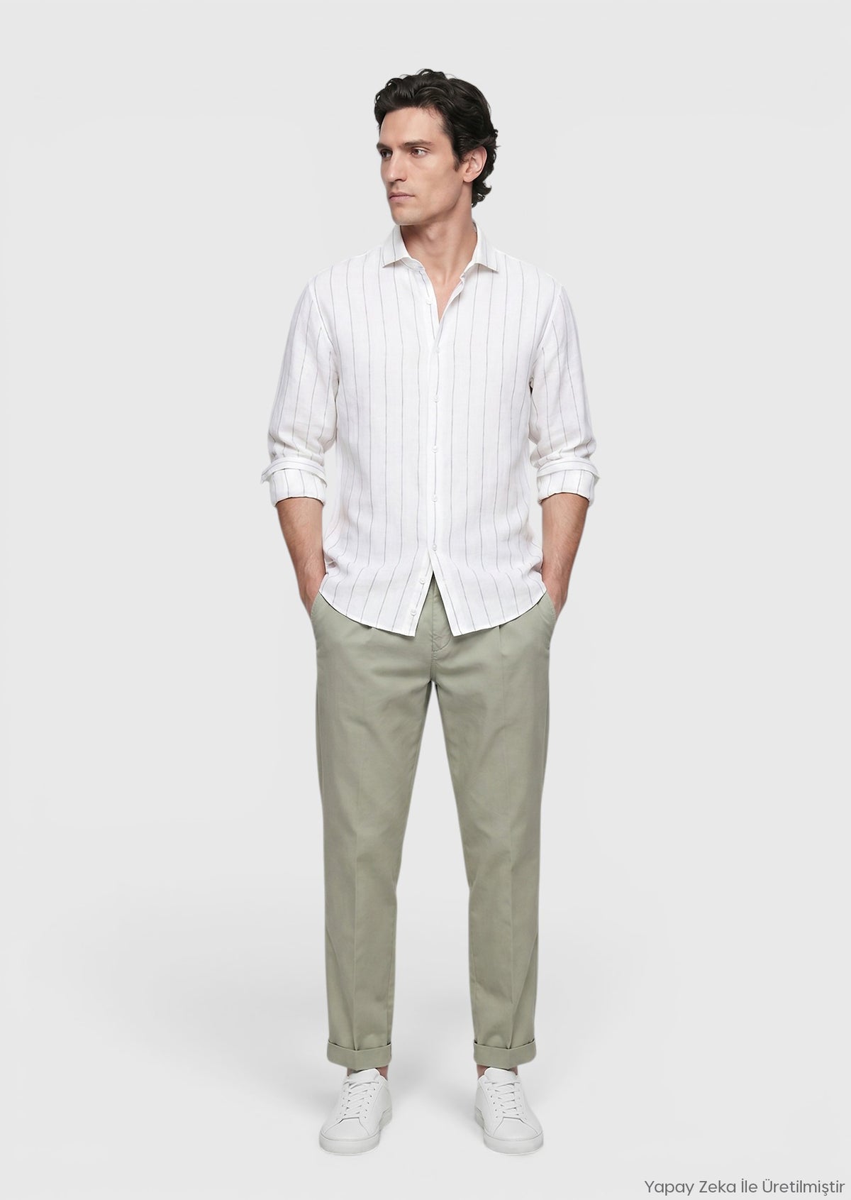 Açık Gri Düz Casual Fit Uzun Dokuma Casual %100 Keten Gömlek
