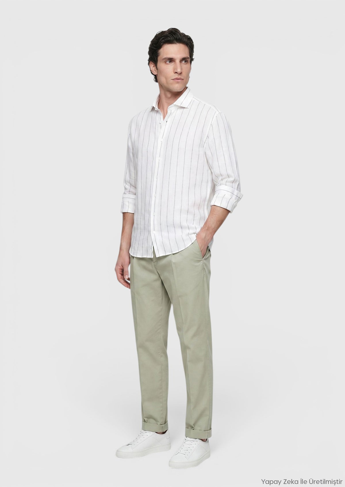 Açık Gri Düz Casual Fit Uzun Dokuma Casual %100 Keten Gömlek