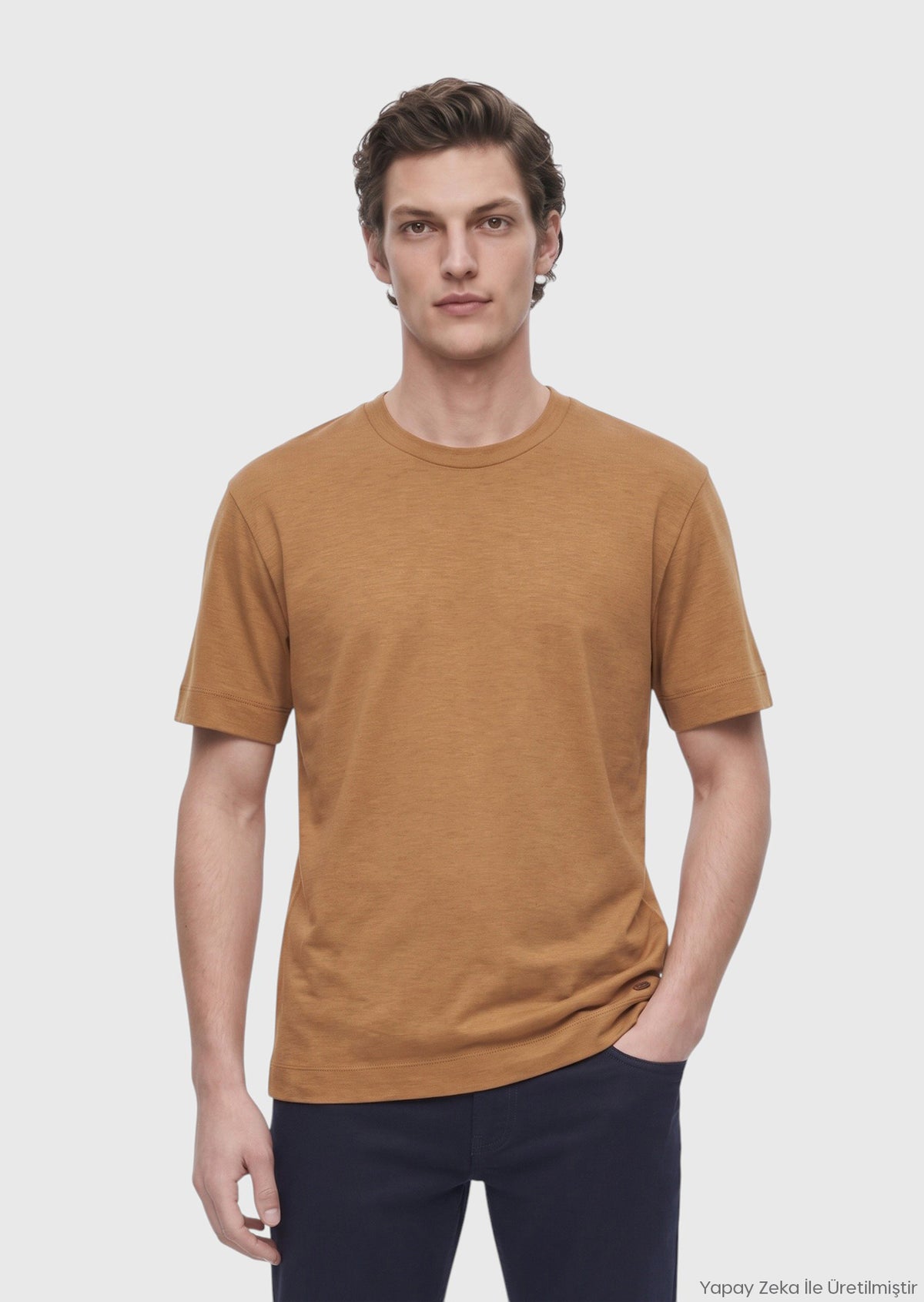 Tarçın Düz Bisiklet Yaka İpek Karışımlı T-Shirt