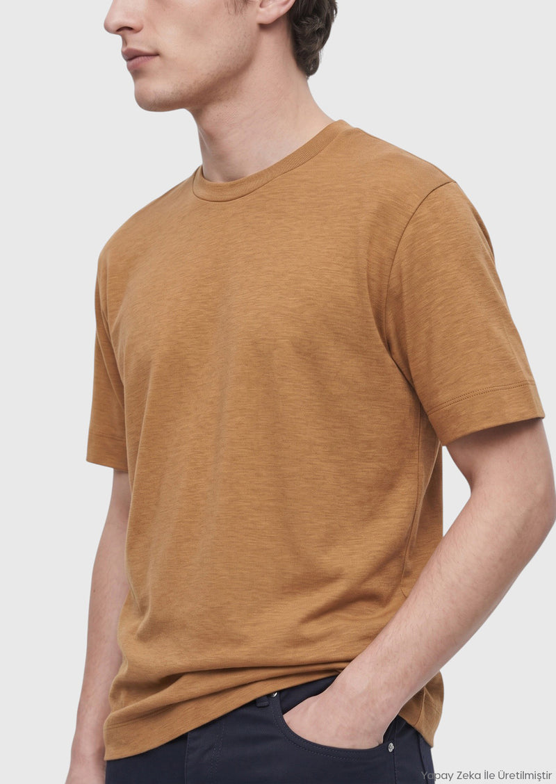 Tarçın Düz Bisiklet Yaka İpek Karışımlı T-Shirt