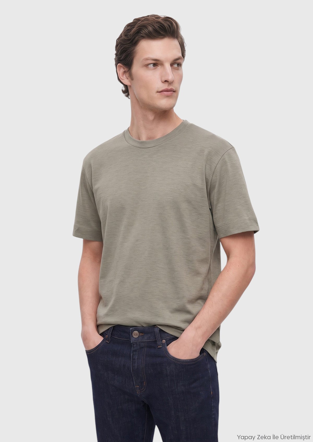 Yağ Yeşili Düz Bisiklet Yaka İpek Karışımlı T-Shirt