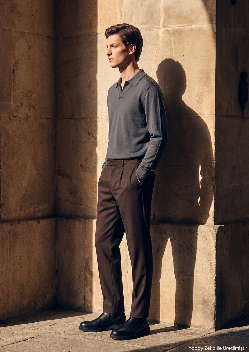Gri Polo Yaka Düz Sweatshırt