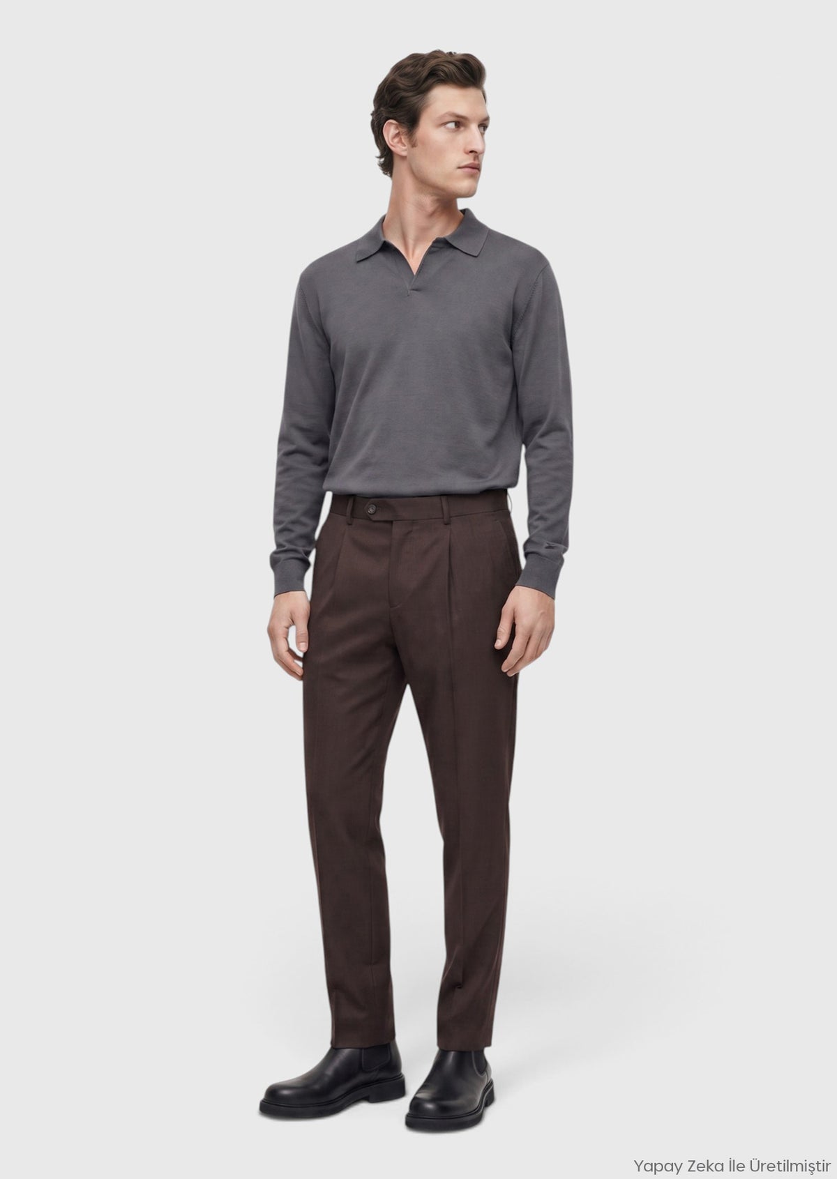 Gri Polo Yaka Düz Sweatshırt