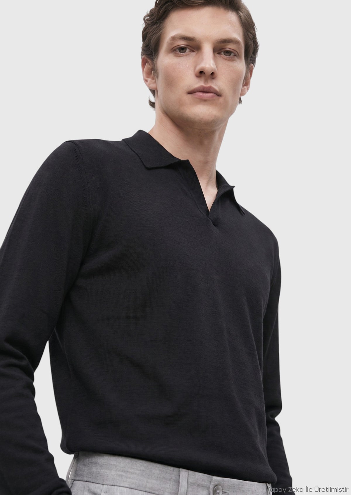 Siyah Polo Yaka Düz Sweatshirt