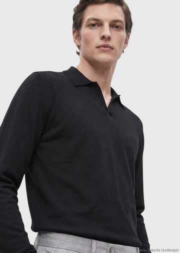 Siyah Polo Yaka Düz Sweatshirt