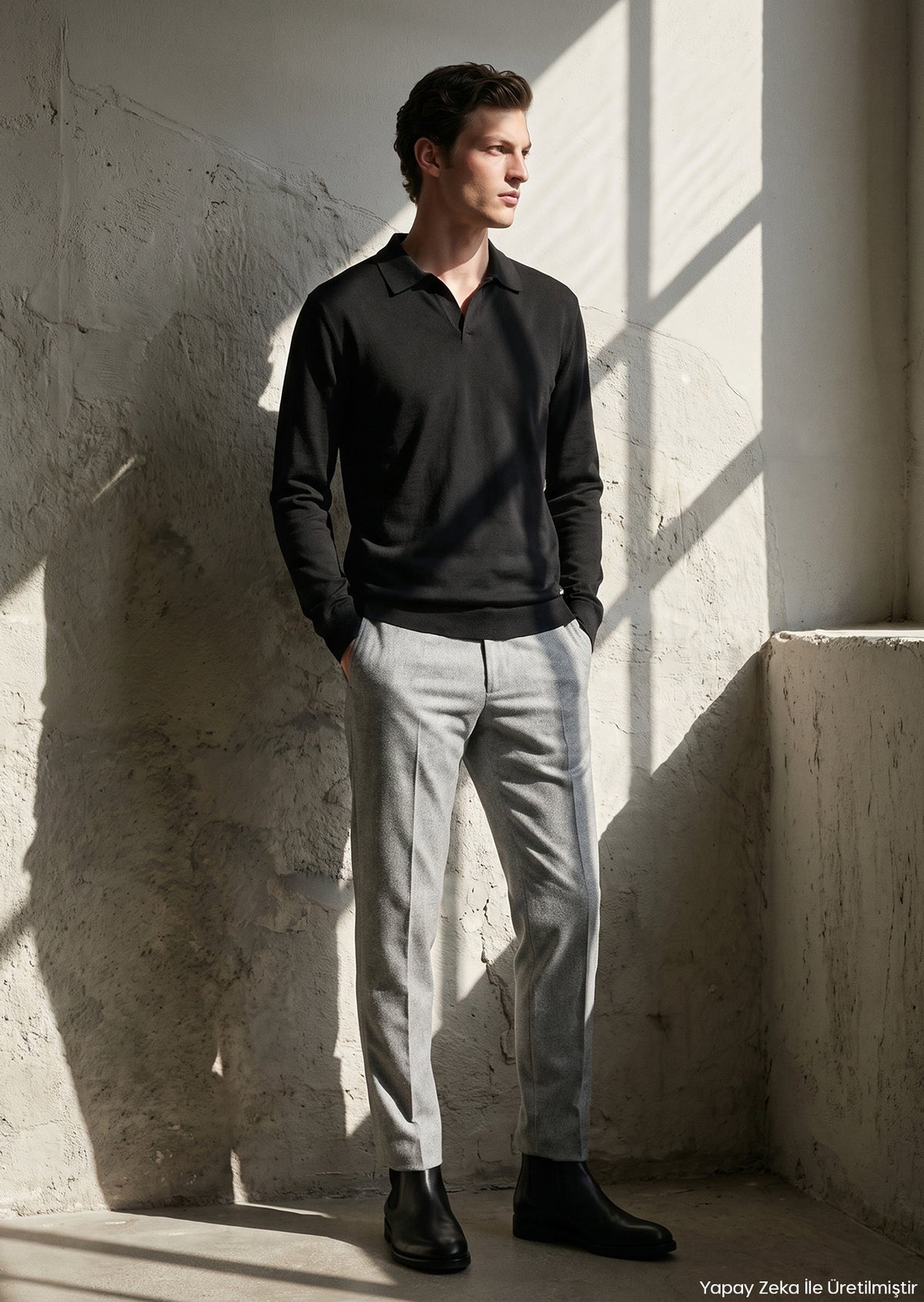 Siyah Polo Yaka Düz Sweatshırt