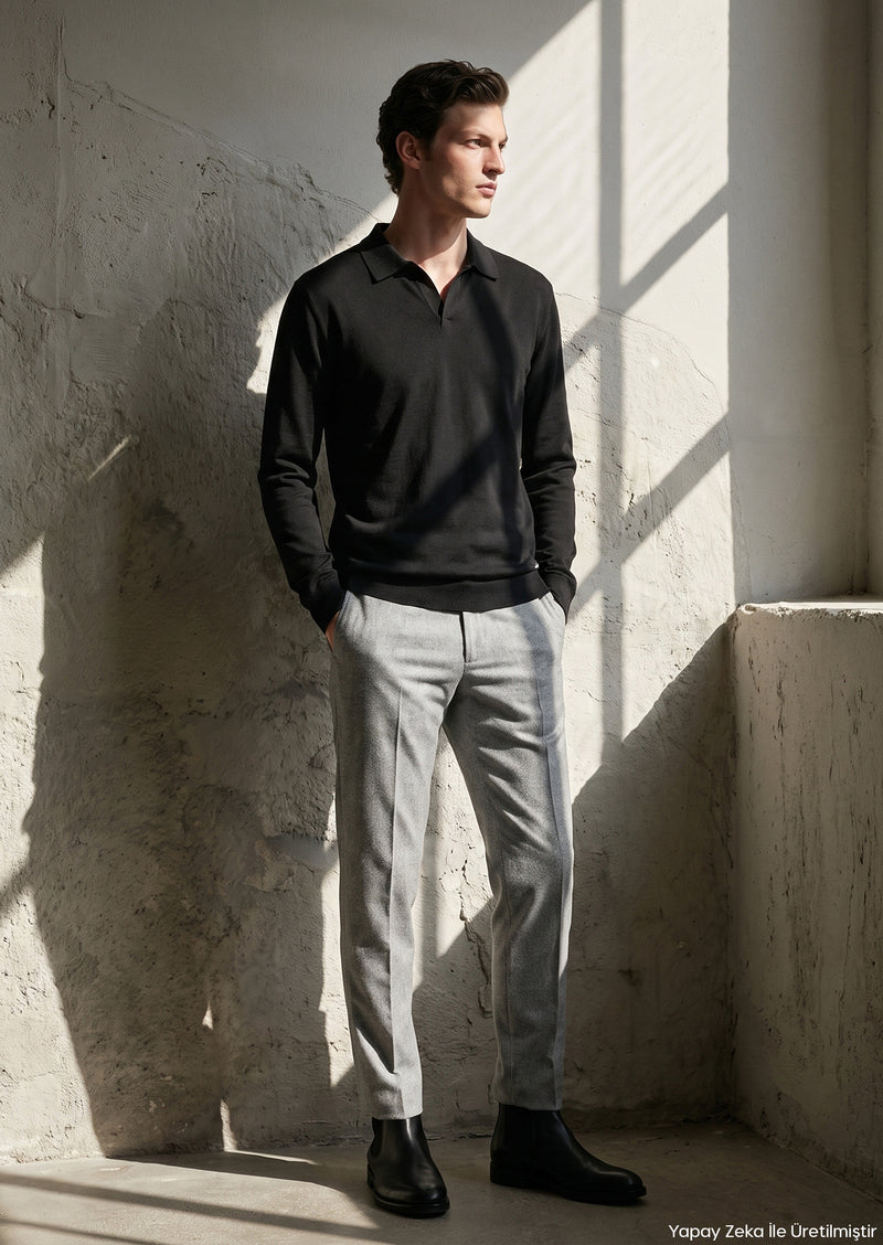 Siyah Polo Yaka Düz Sweatshırt
