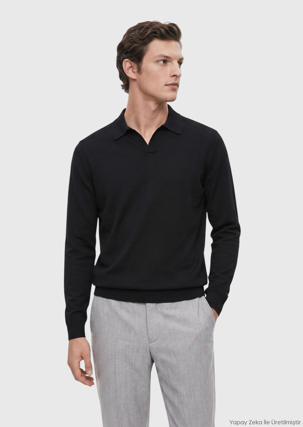 Siyah Polo Yaka Düz Sweatshırt