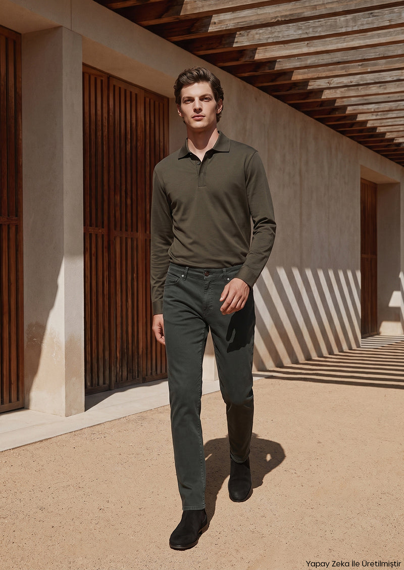 Haki Düz Dokuma Regular Fit Casual Pamuk Karışımlı Pantolon