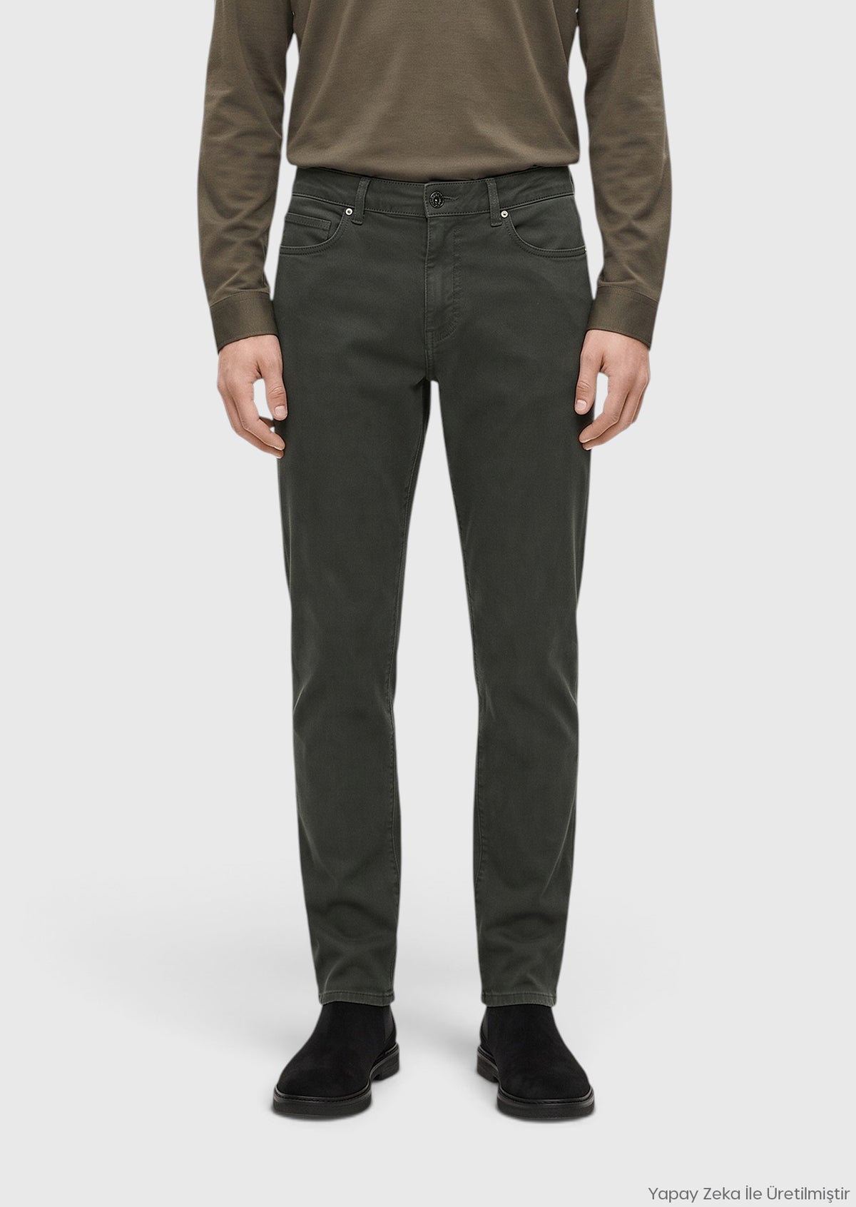 Haki Düz Dokuma Regular Fit Casual Pamuk Karışımlı Pantolon