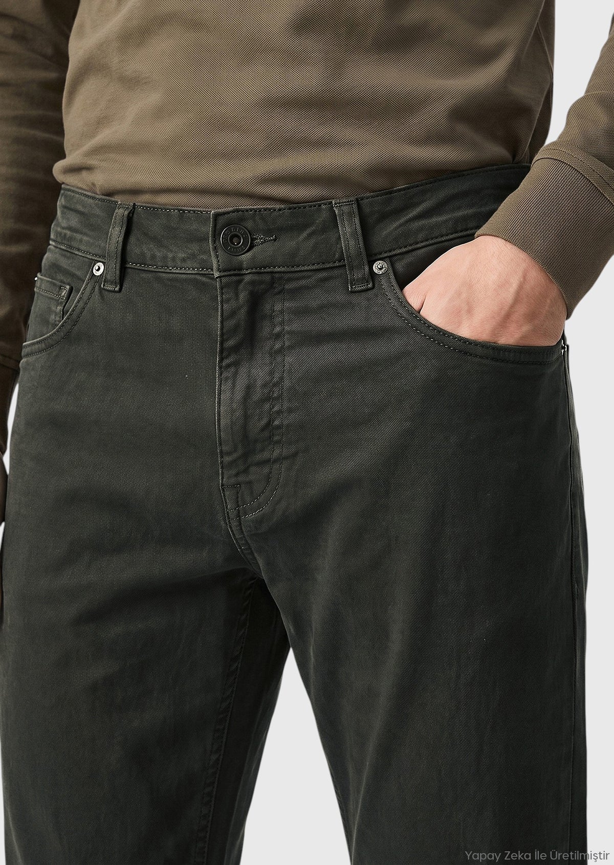 Haki Düz Dokuma Regular Fit Casual Pamuk Karışımlı Pantolon