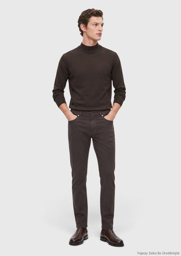 Koyu Kahve Düz Dokuma Regular Fit Casual Pamuk Karışımlı Pantolon