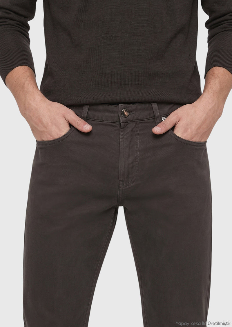 Koyu Kahve Düz Dokuma Regular Fit Casual Pamuk Karışımlı Pantolon