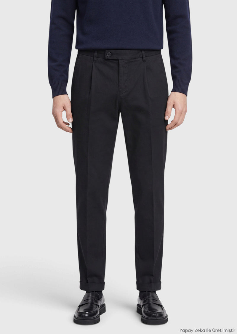 Siyah Düz Dokuma Regular Fit Casual Pamuk Karışımlı Pantolon