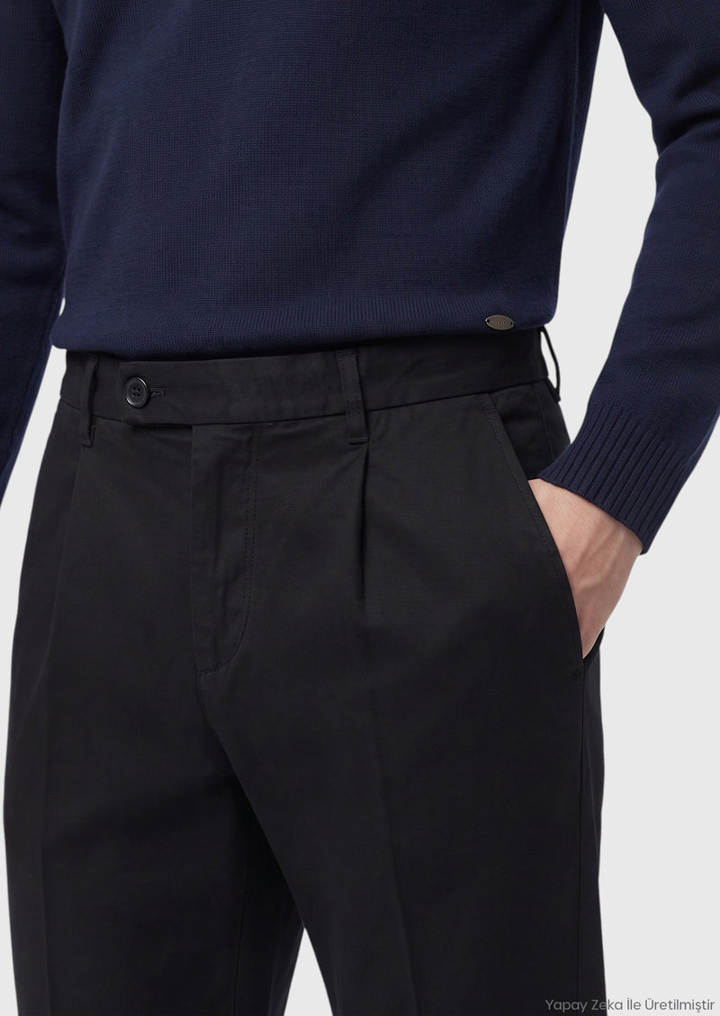 Siyah Düz Dokuma Regular Fit Casual Pamuk Karışımlı Pantolon