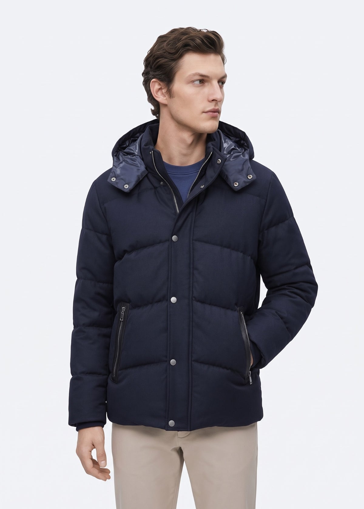 Lacivert Regular Fit Kapüşonlu Casual Dokuma Mont
