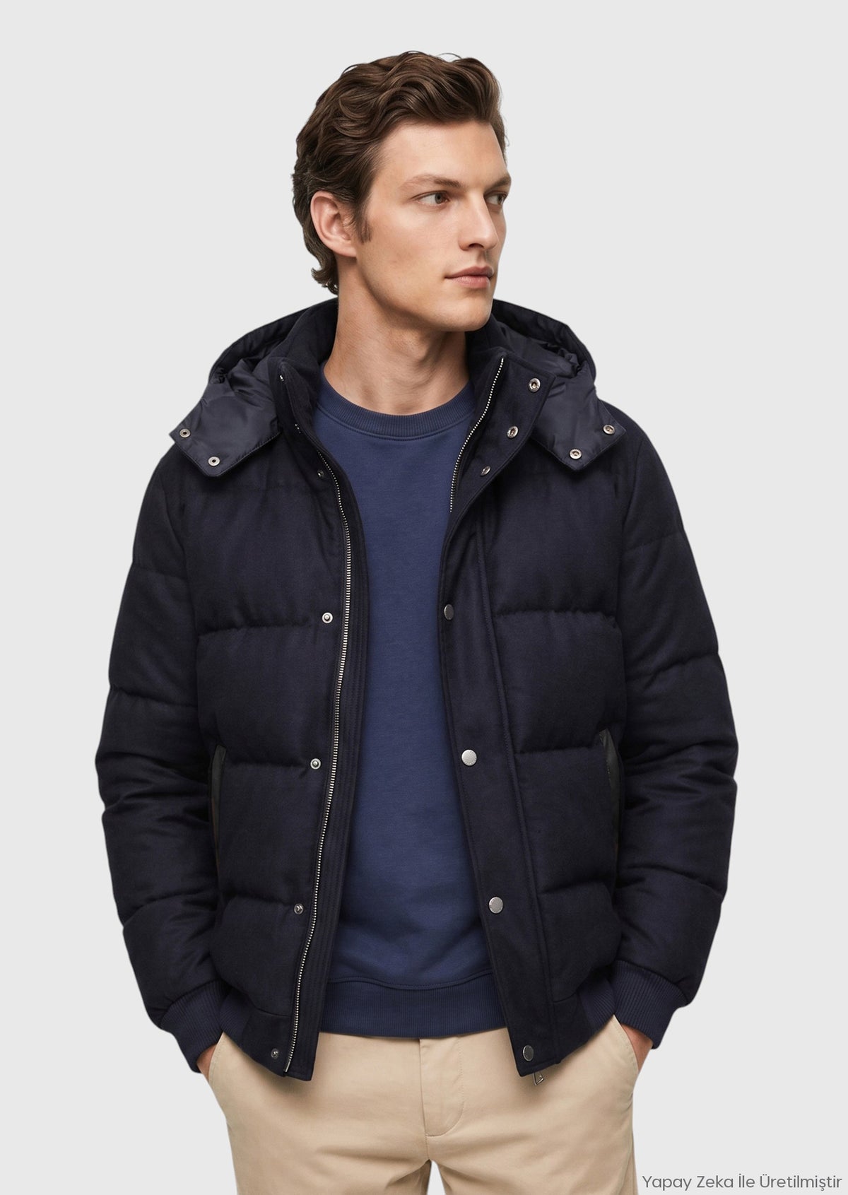 Lacivert Regular Fit Kapüşonlu Casual Dokuma Mont
