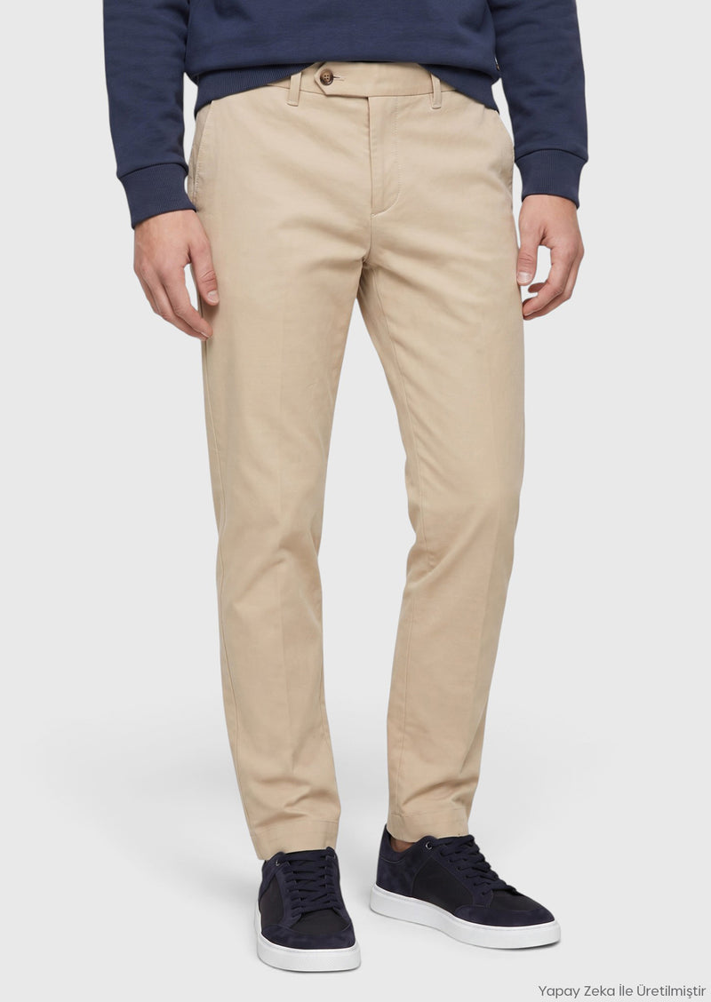 Bej Düz Dokuma Regular Fit Casual Pamuk Karışımlı Pantolon