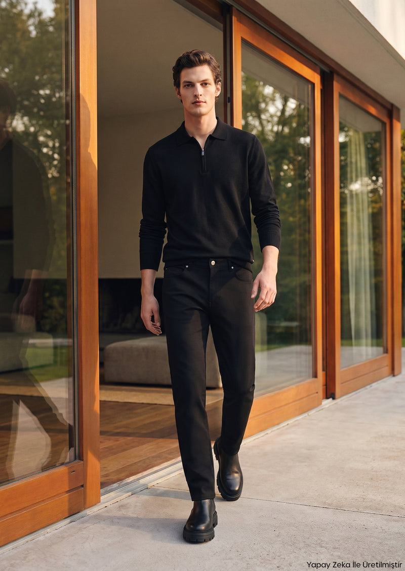 Siyah Dokuma Slim Fit Casual Pantolon