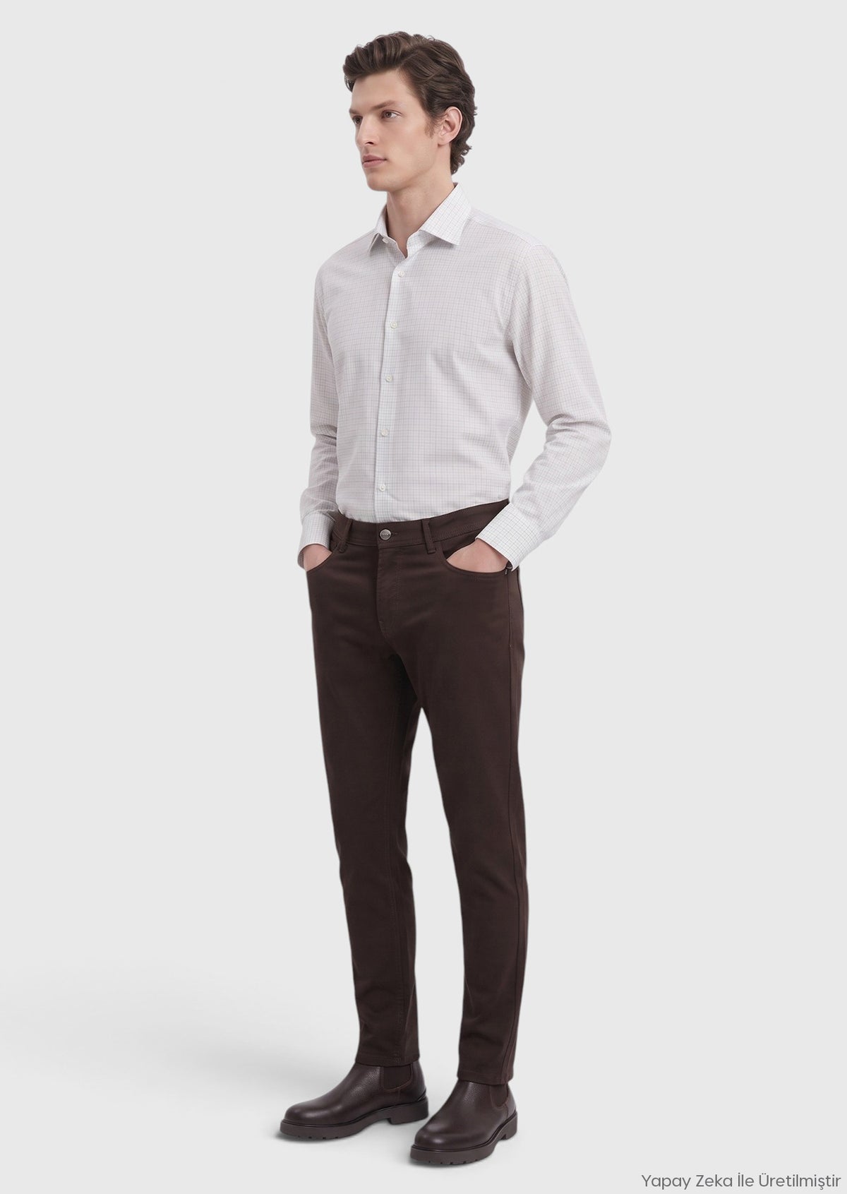 Kahverengi Düz Dokuma Slim Fit Casual Pamuk Karışımlı Pantolon