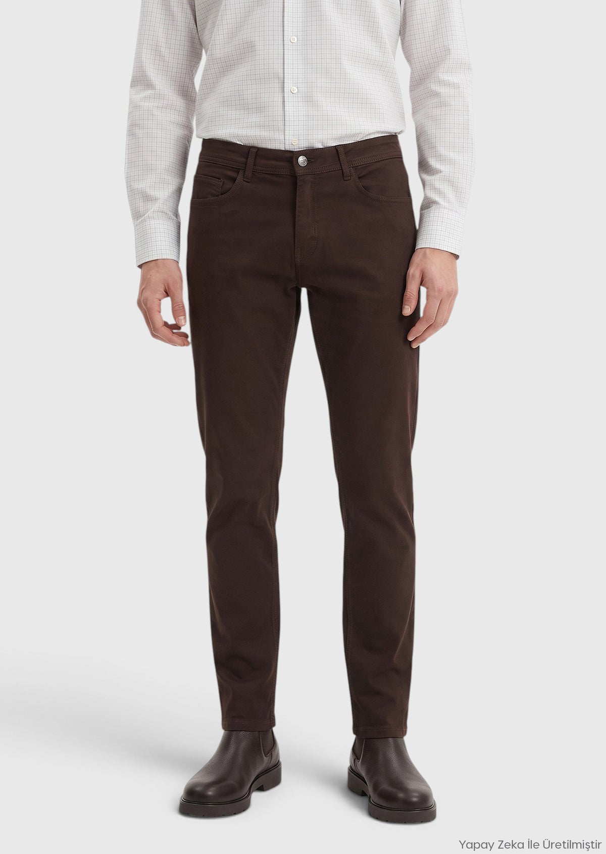 Kahverengi Düz Dokuma Slim Fit Casual Pamuk Karışımlı Pantolon
