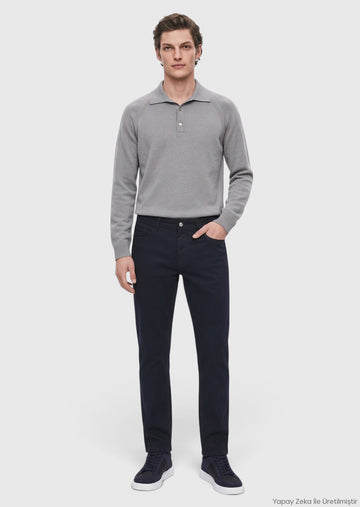 Lacivert Dokuma Regular Fit Casual Yün Karışımlı Pantolon