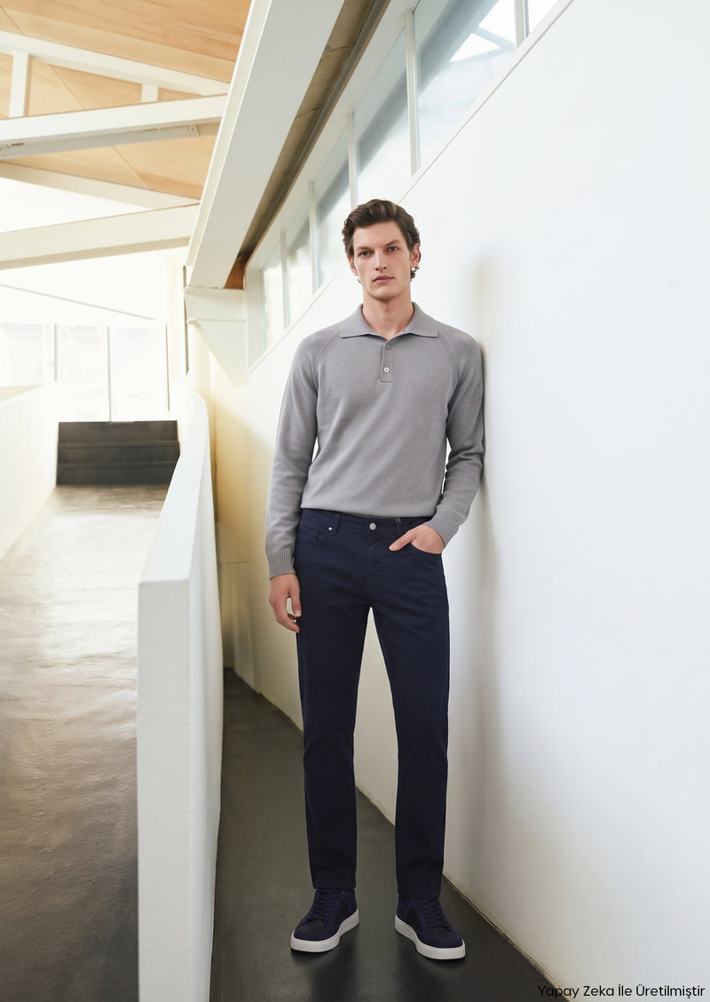 Lacivert Dokuma Regular Fit Casual Yün Karışımlı Pantolon