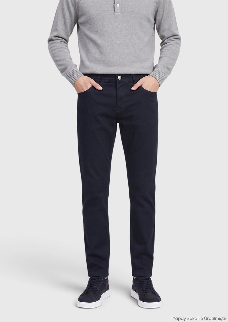 Lacivert Dokuma Regular Fit Casual Yün Karışımlı Pantolon
