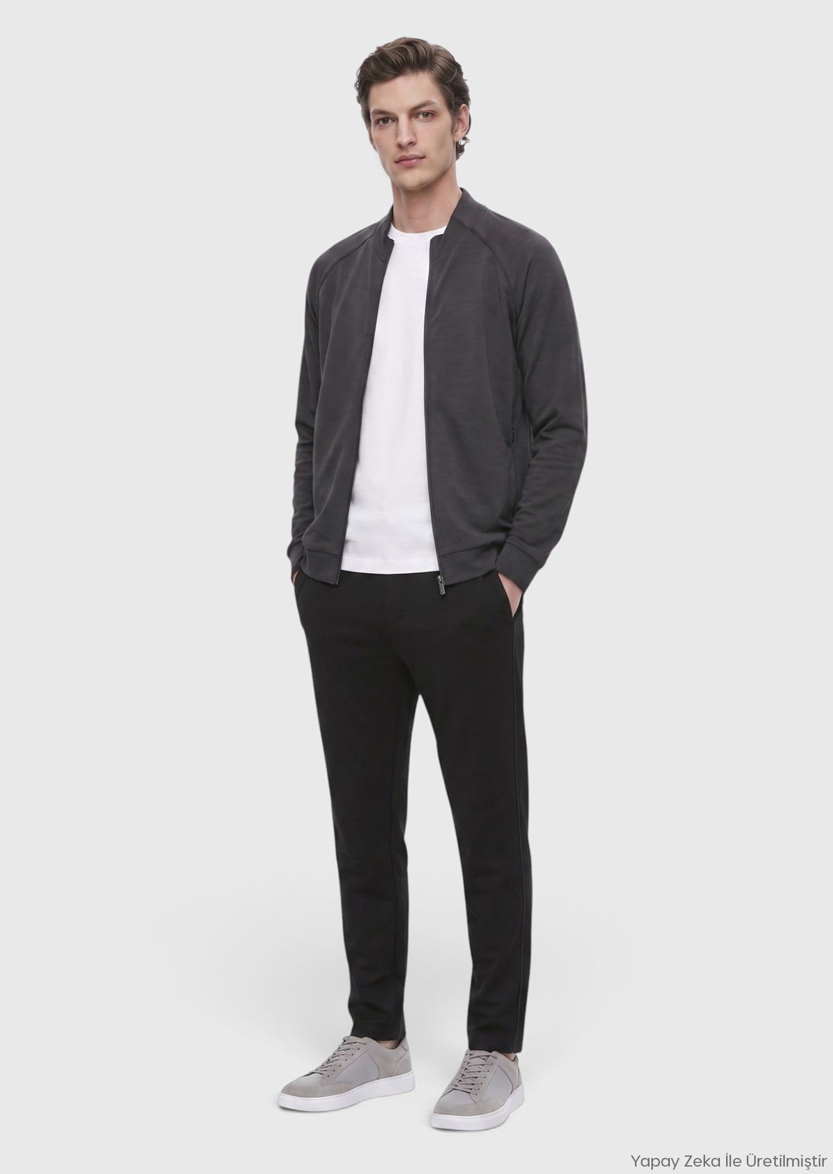 Antrasit Dik Yaka Düz Sweatshirt