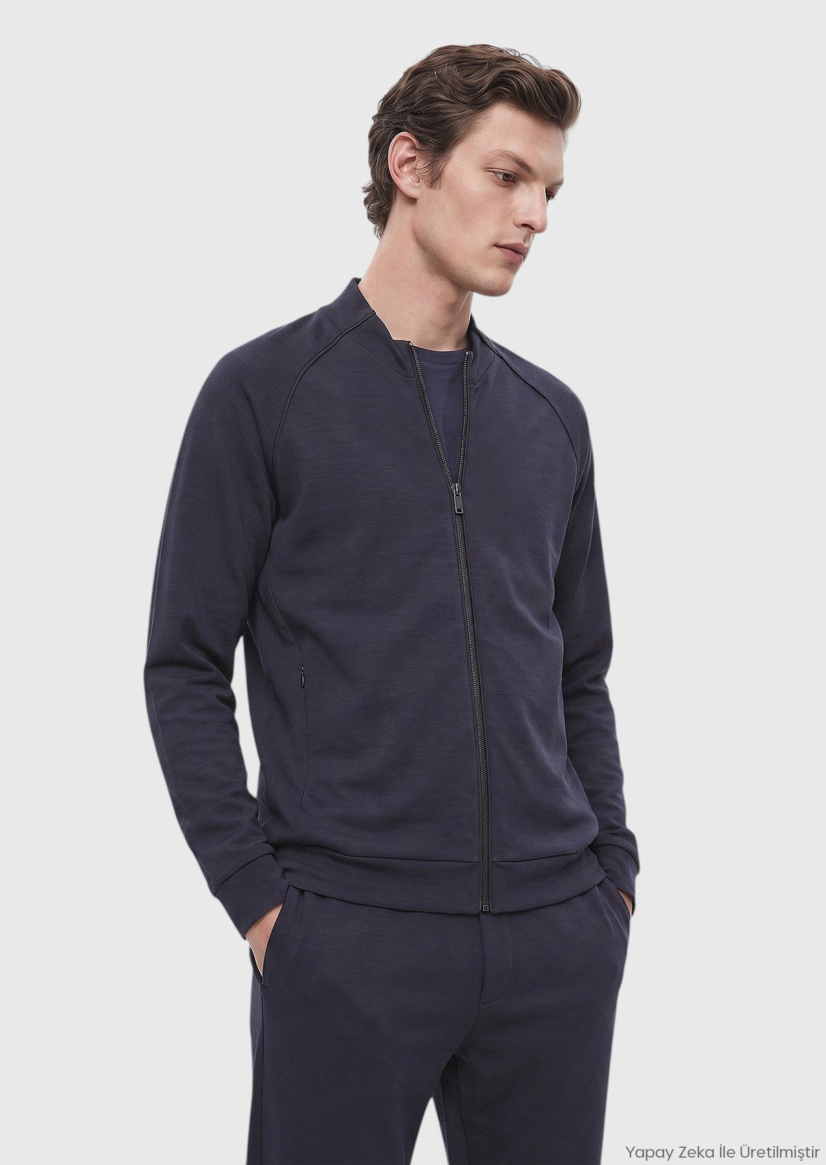 Lacivert Dik Yaka Düz Sweatshirt