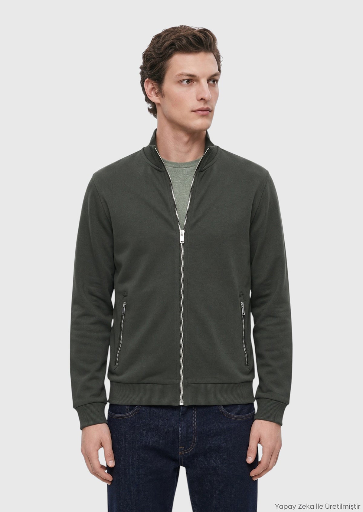 Koyu Yeşil Dik Yaka Düz Sweatshirt