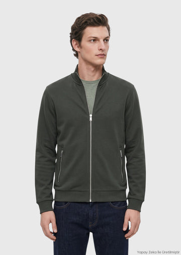 Koyu Yeşil Dik Yaka Düz Sweatshirt