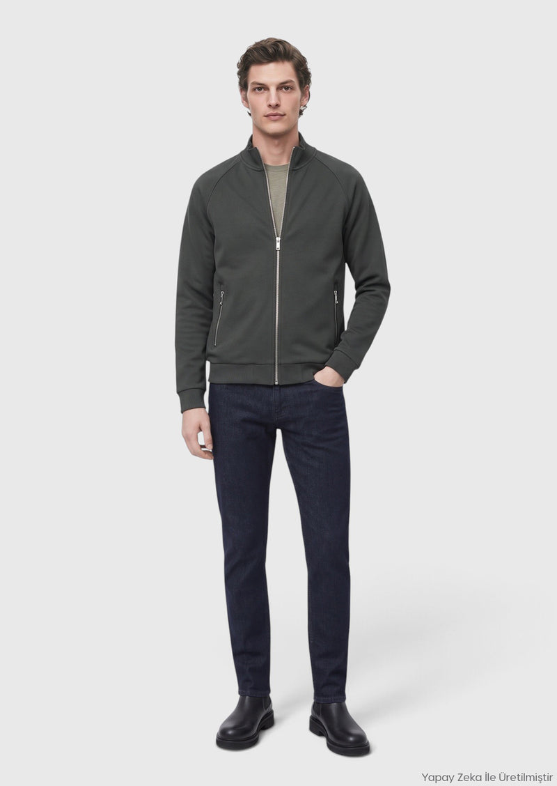 Koyu Yeşil Dik Yaka Düz Sweatshirt