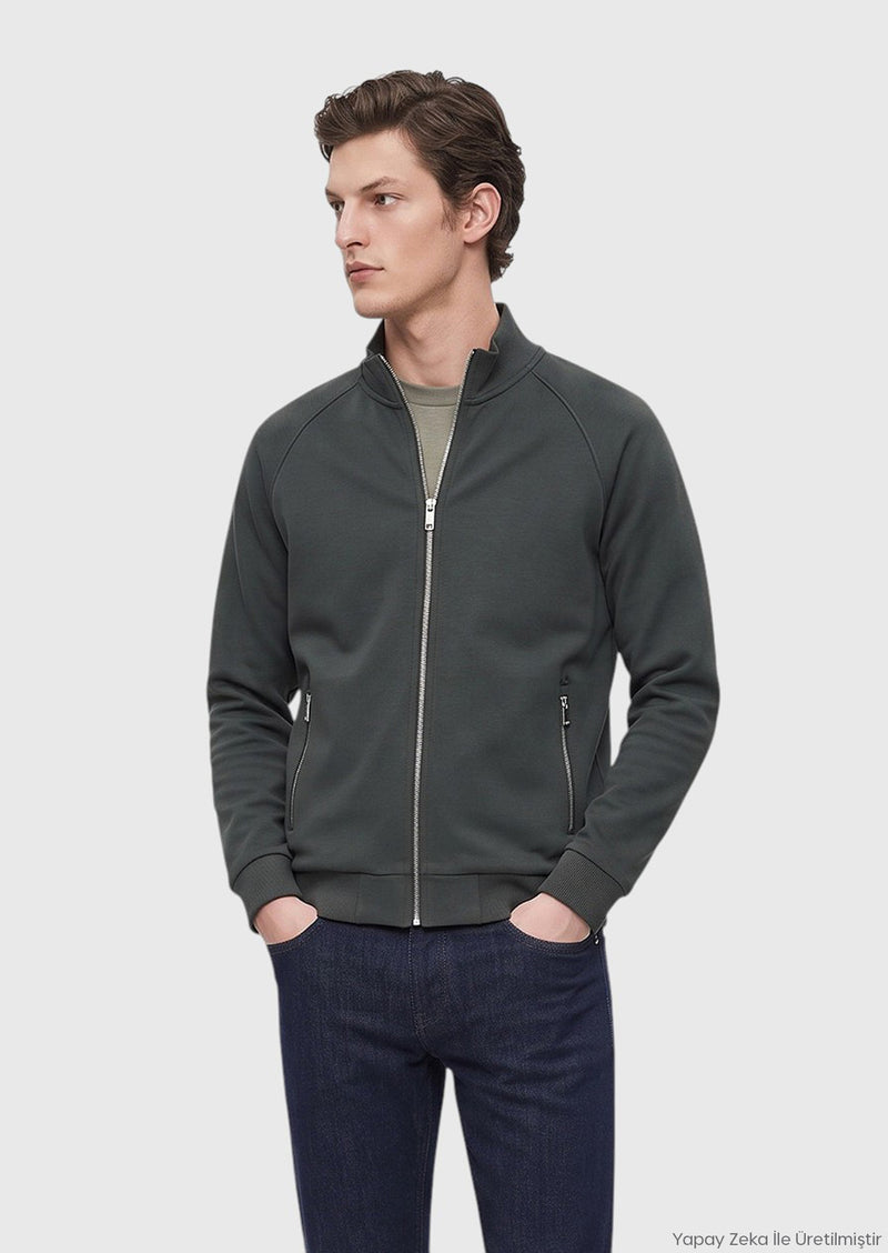 Koyu Yeşil Dik Yaka Düz Sweatshirt