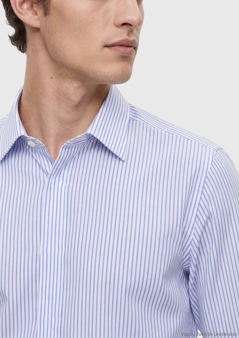 Mavi Çizgili Casual Fit Uzun Dokuma Casual %100 Pamuk Gömlek
