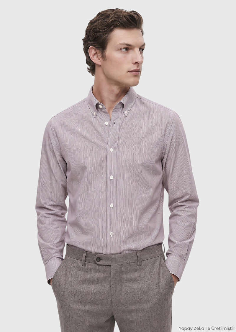 Kırmızı Çizgili Casual Fit Uzun Dokuma Casual %100 Pamuk Gömlek