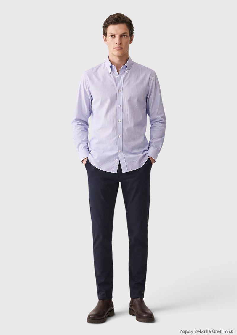 Mavi Çizgili Casual Fit Uzun Dokuma Casual %100 Pamuk Gömlek