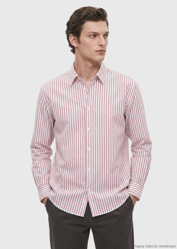 Kırmızı Casual Fit Uzun Dokuma Casual %100 Pamuk Gömlek