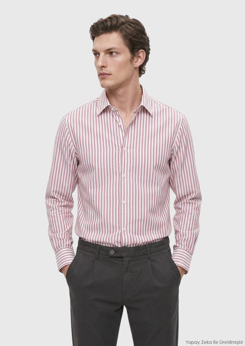 Kırmızı Düz Casual Fit Uzun Dokuma Casual %100 Pamuk Gömlek